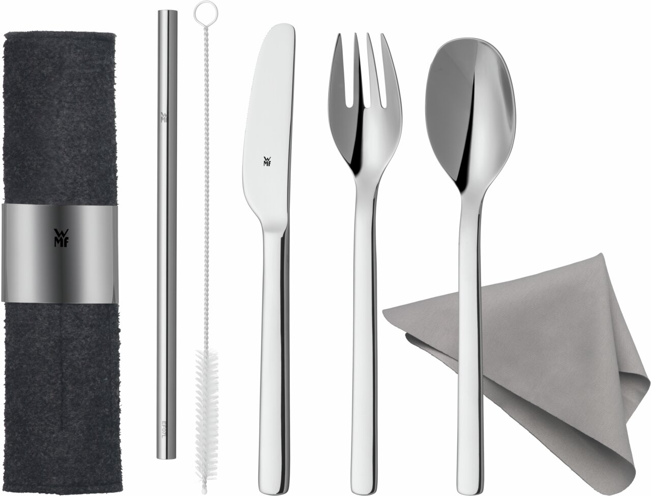 Besteck-Set My2Go bestehend aus Messer, Gabel, Löffel, Trinkhalm, Reinigungsbürste, Serviette und Filztasche, aus der Vogelperspektive.