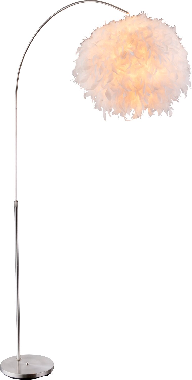 Globo Lighting Stehleuchte KATUNGA Moderne Bogen-Stehlampe mit gebürstetem Metallfuß und flauschigem, weißem Feder-Lampenschirm mit warmem Licht, freigestellt auf weißem Hintergrund, Frontansicht