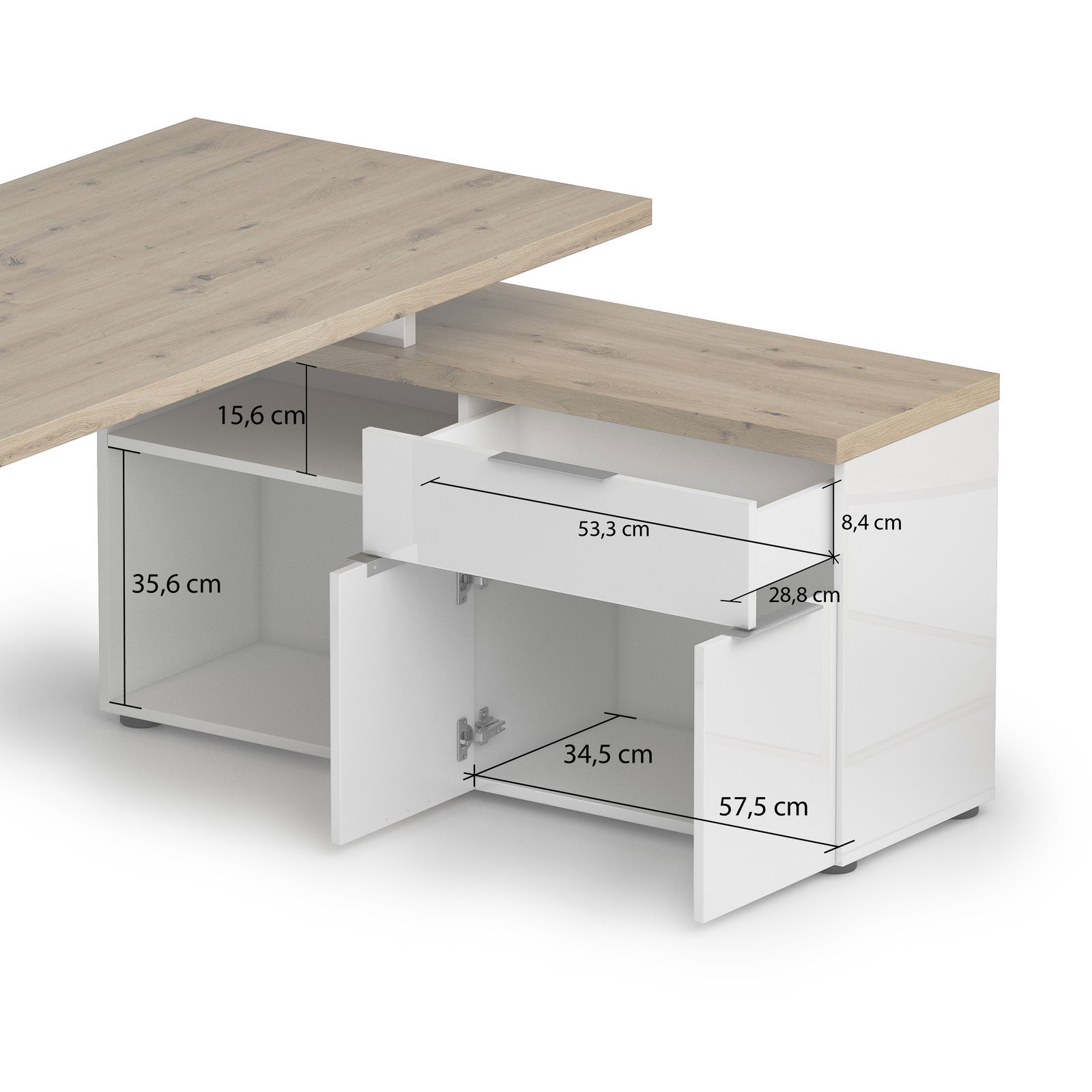 Eckschreibtisch mit Holzoberfläche und weißem Korpus, Schubladen und Schranktüren geöffnet, seitliche Perspektive