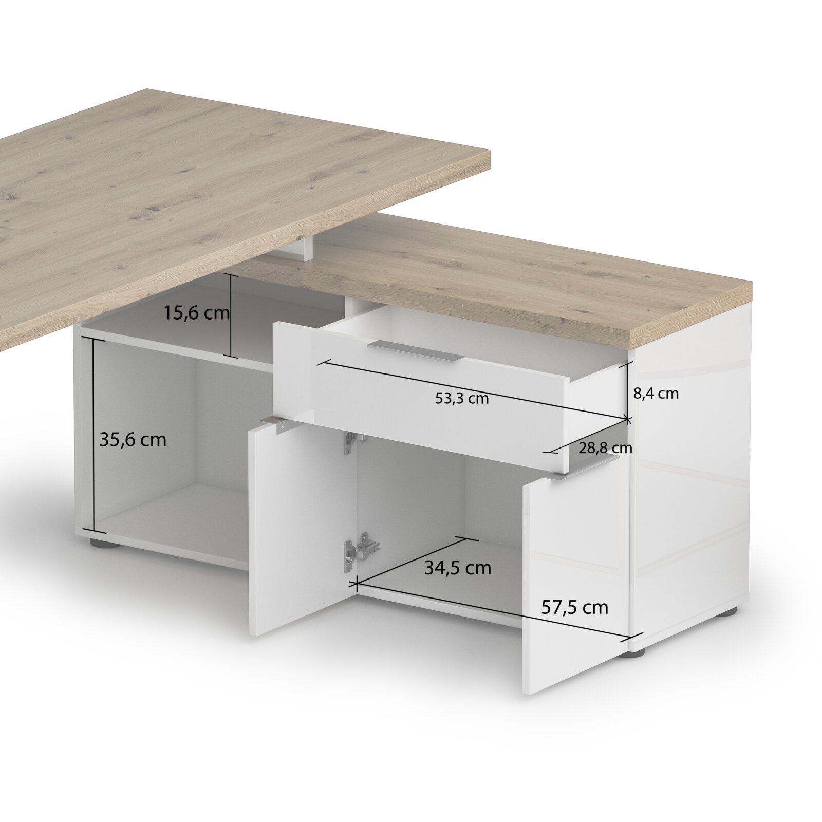 Eckschreibtisch mit Holzoberfläche und weißem Korpus, Schubladen und Schranktüren geöffnet, seitliche Perspektive