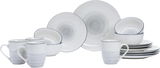 Kombiservice 16-teilig in Weiß mit grauen Akzenten, bestehend aus Tellern, Schalen und Tassen, seitliche Perspektive