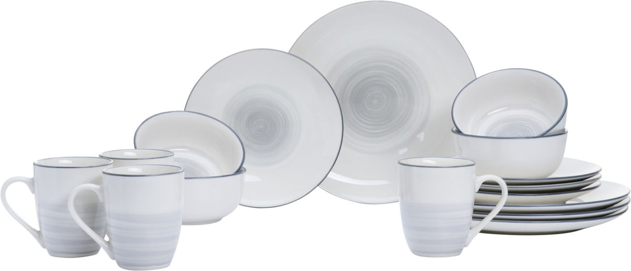 Kombiservice 16-teilig in Weiß mit grauen Akzenten, bestehend aus Tellern, Schalen und Tassen, seitliche Perspektive