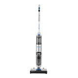 Frontansicht des Invictus WD7 Staubsaugers, silberfarben mit blauen Akzenten, stehend auf weißem Hintergrund.