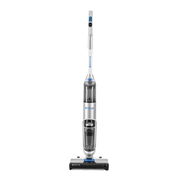 Frontansicht des Invictus WD7 Staubsaugers, silberfarben mit blauen Akzenten, stehend auf weißem Hintergrund.