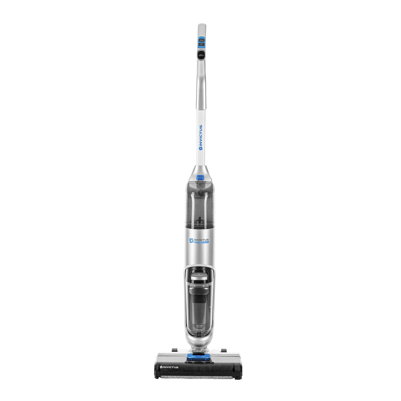Frontansicht des Invictus WD7 Staubsaugers, silberfarben mit blauen Akzenten, stehend auf weißem Hintergrund.