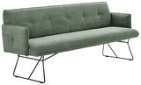 Grüne 2-Sitzer-Solobank mit geripptem Stoffbezug und schwarzen Metallbeinen, seitliche Perspektive
