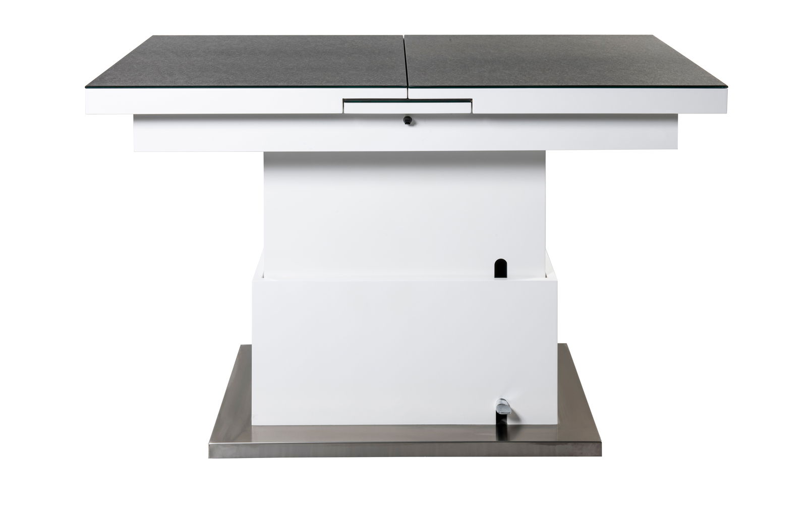 Moderner Couchtisch mit weißem Sockel und dunkler Tischplatte, seitliche Perspektive.