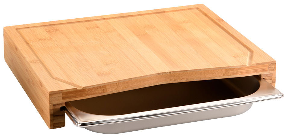 Holz-Schneidebrett mit integrierter Auffangschale, seitliche Perspektive