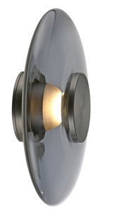 Moderne Wand- und Deckenleuchte PURE V in seitlicher Perspektive mit elegantem, rauchgrauem Glasdesign und warmem Licht.