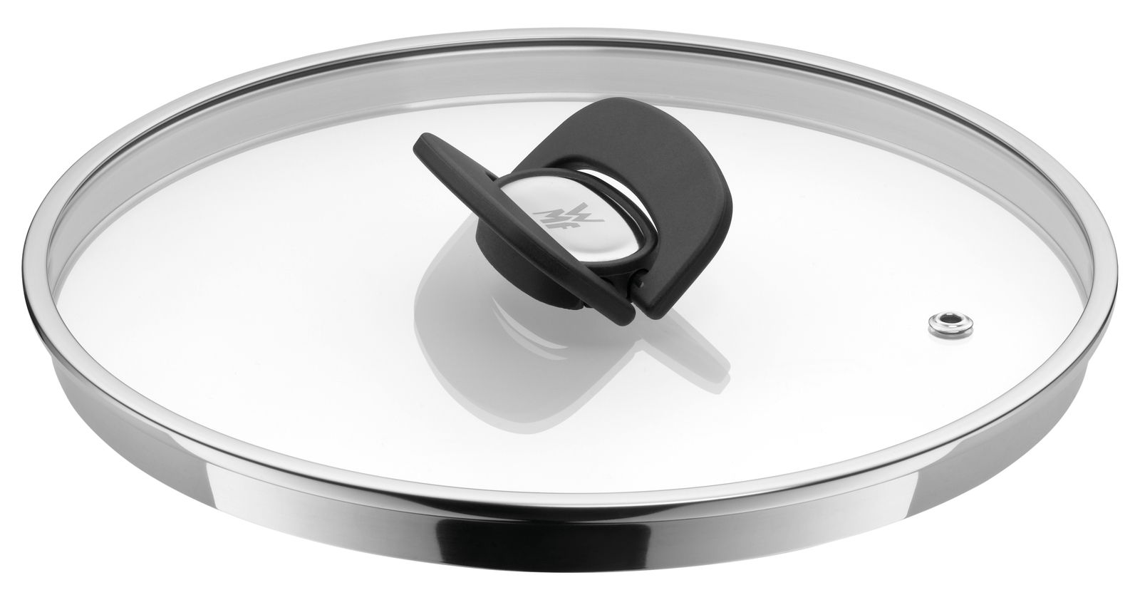 Topfdeckel aus Glas mit Edelstahlrand und schwarzem Griff, von oben betrachtet.