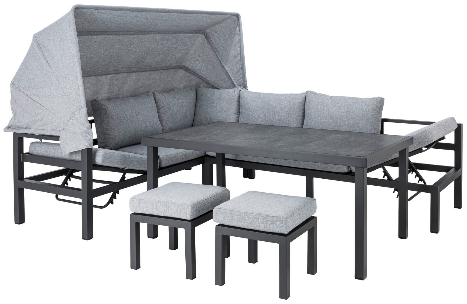 Graues Dining-Lounge-Set mit Tisch, Ecksofa und zwei Hockern, seitliche Perspektive