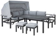 Graues Dining-Lounge-Set mit Tisch, Ecksofa und zwei Hockern, seitliche Perspektive