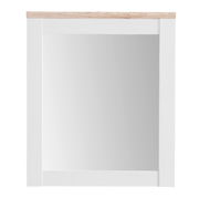 Rechteckiger Spiegel mit weißem Rahmen und Holzleiste oben, Frontalansicht