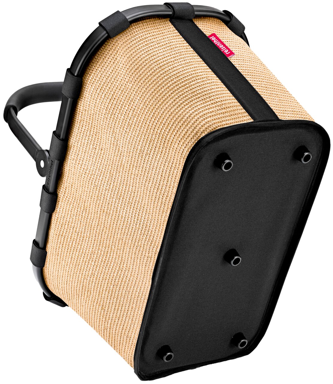 Korb in Beige mit schwarzem Boden und Griff, seitliche Perspektive