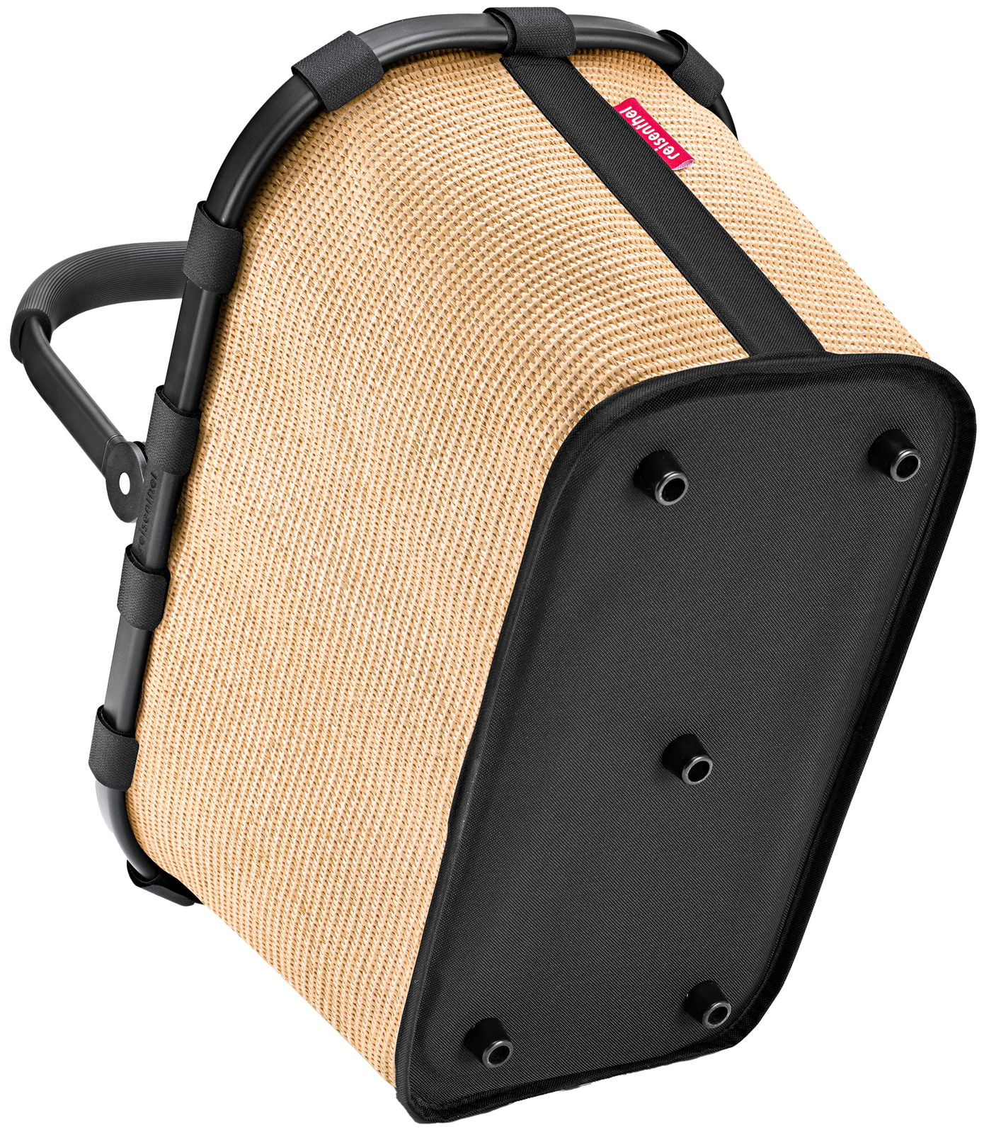 Korb in Beige mit schwarzem Boden und Griff, seitliche Perspektive