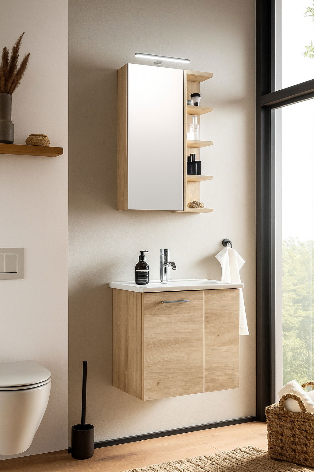 Moderner Spiegelschrank aus Holz mit integriertem Licht, seitlichen Regalen und Waschbeckenunterschrank, seitliche Perspektive