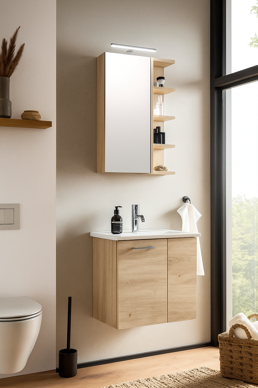 Moderner Spiegelschrank aus Holz mit integriertem Licht, seitlichen Regalen und Waschbeckenunterschrank, seitliche Perspektive