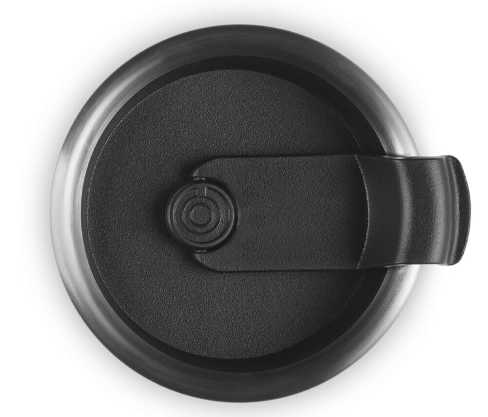 Bovenaanzicht van het deksel van een thermosbeker, zwart met klapsluiting.