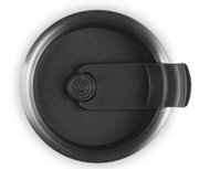 Bovenaanzicht van het deksel van een thermosbeker, zwart met klapsluiting.