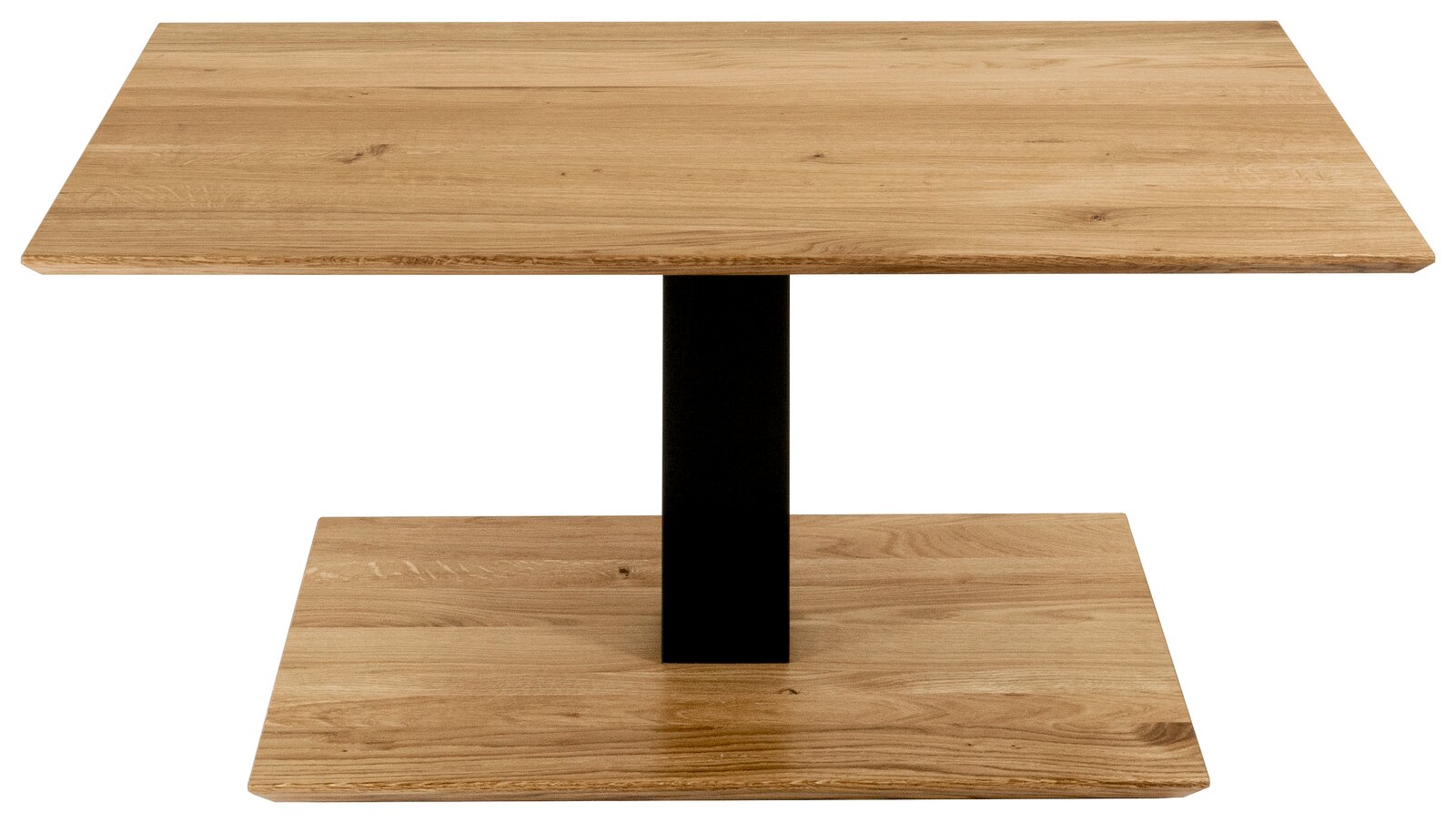 Moderner Couchtisch aus Holz mit quadratischer Tischplatte und schwarzem Metallfuß, Frontalansicht