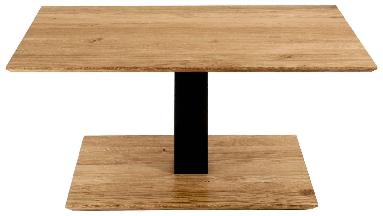 Moderner Couchtisch aus Holz mit quadratischer Tischplatte und schwarzem Metallfuß, Frontalansicht