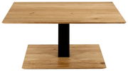 Moderner Couchtisch aus Holz mit quadratischer Tischplatte und schwarzem Metallfuß, Frontalansicht
