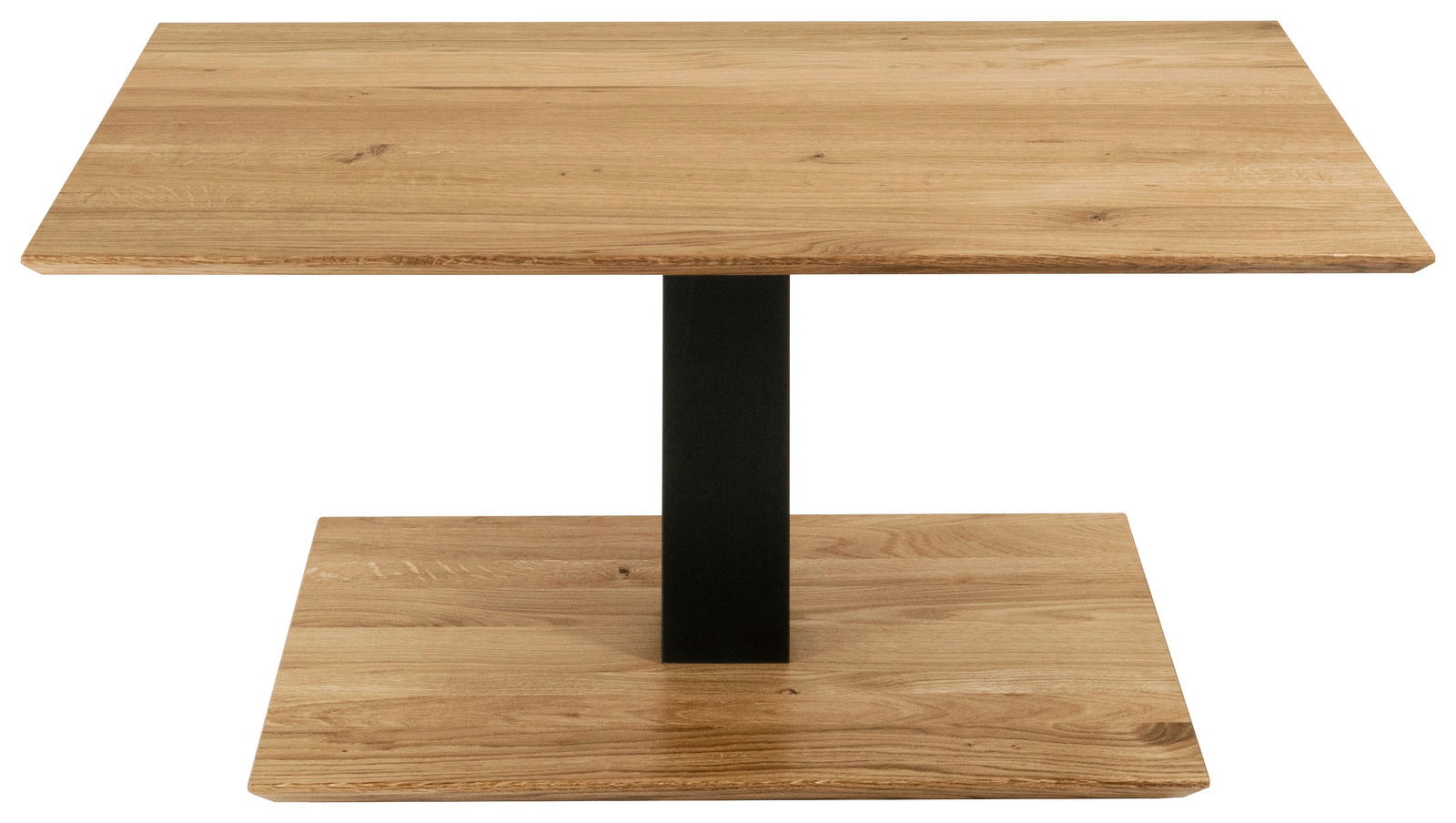 Moderner Couchtisch aus Holz mit quadratischer Tischplatte und schwarzem Metallfuß, Frontalansicht