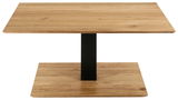 Moderner Couchtisch aus Holz mit quadratischer Tischplatte und schwarzem Metallfuß, Frontalansicht