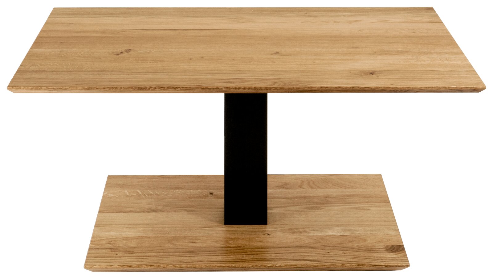 Moderne houten salontafel met vierkant tafelblad en zwart metalen onderstel, gezien van voren