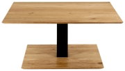 Moderner Couchtisch aus Holz mit quadratischer Tischplatte und schwarzem Metallfuß, Frontalansicht