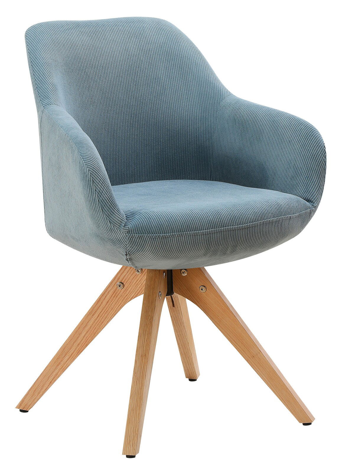 Blauer Armlehnstuhl mit Holzbeinen, seitliche Perspektive