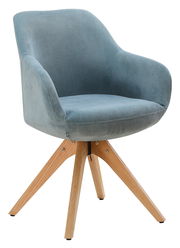 Blauer Armlehnstuhl mit Holzbeinen, seitliche Perspektive