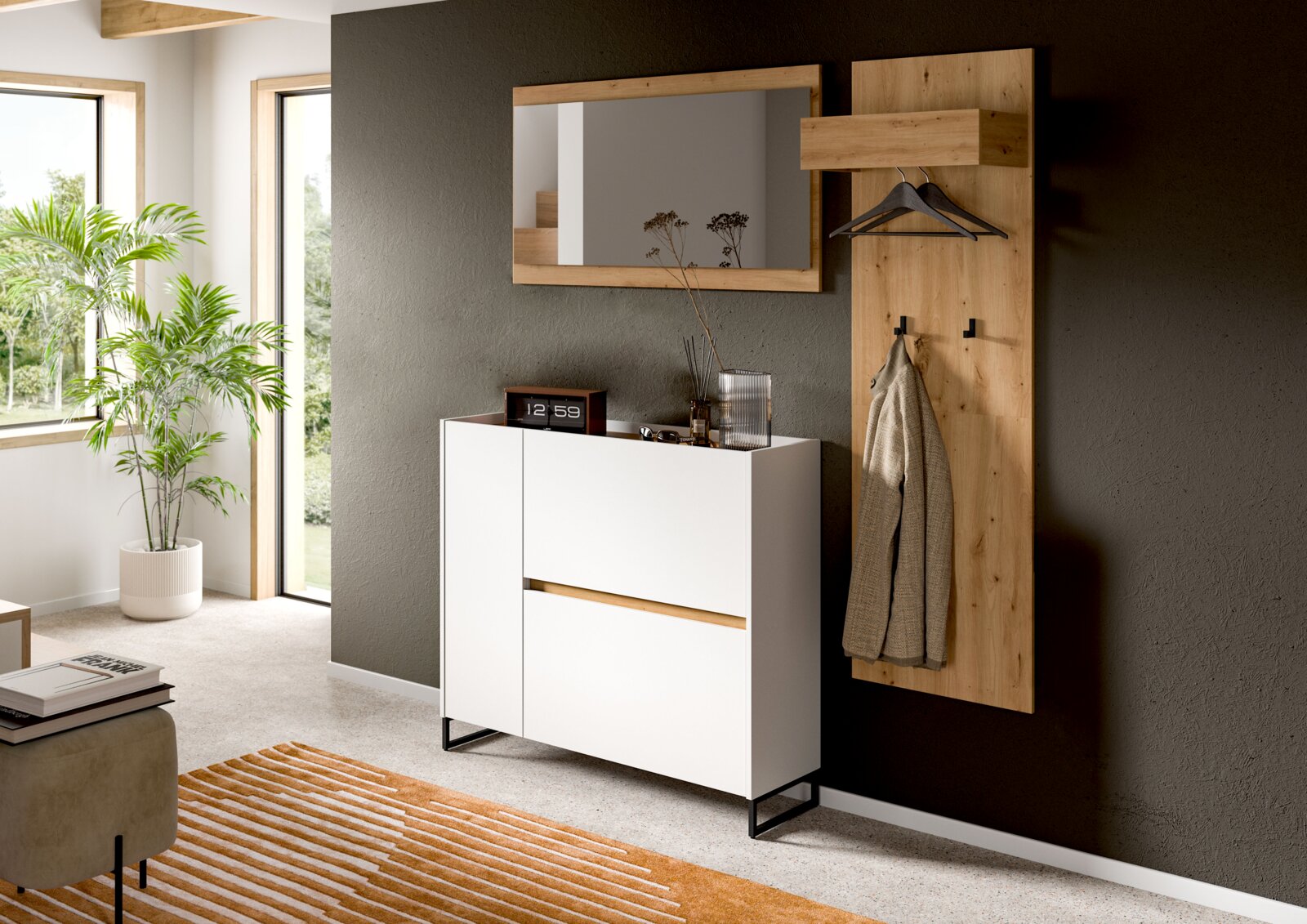 MID.YOU Garderobenkombination DRIVE Moderner Flur mit weißem Sideboard auf schwarzem Metallgestell, Wandspiegel mit Holzrahmen und Holz-Garderobenpaneel mit Haken und Kleiderbügeln an dunkler Wand, Frontansicht in leichter Schrägperspektive