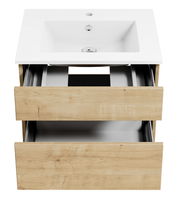 Frontansicht einer Badkombination mit weißem Waschbecken und zwei offenen Holzschubladen.