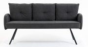 Dreisitzer-Bank in dunklem Stoff, frontal fotografiert, mit gepolsterten Armlehnen und schrägen Metallbeinen.