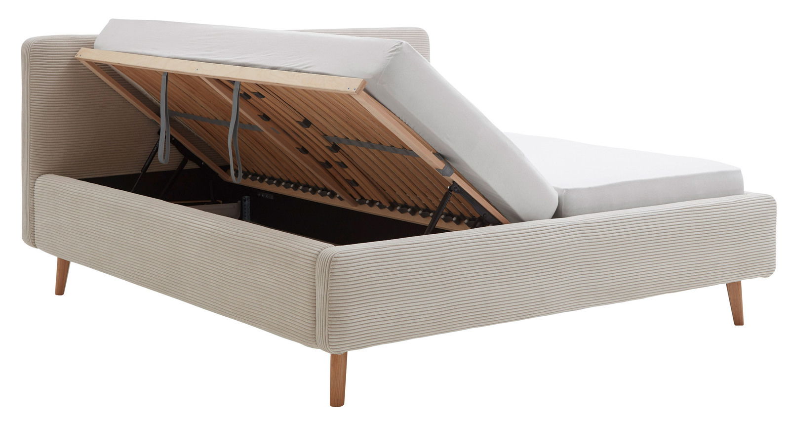 Polsterbettgestell mit hochgeklappter Matratze, seitliche Perspektive