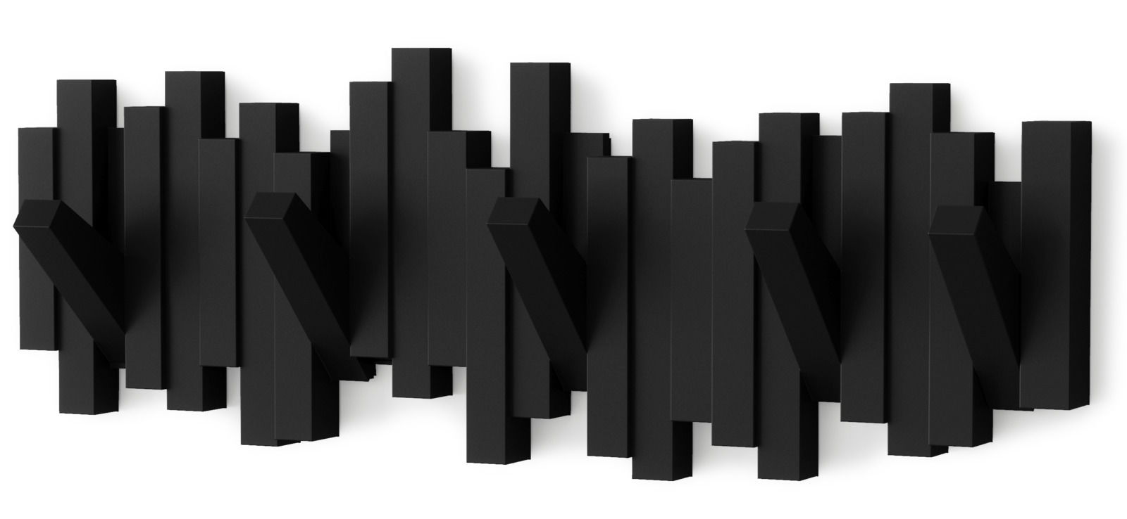 Schwarze Wandgarderobe mit modernem, geometrischem Design, seitliche Perspektive