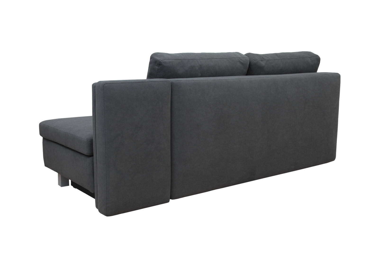 Rückansicht eines dunkelgrauen Funktionssofas mit zwei Rückenkissen