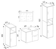 Technische Maßzeichnung eines Badezimmermöbel-Sets mit Waschtischunterschrank (mit Ausschnitt), Spiegelschrank und zwei Hochschränken, Maße in mm; perspektivische Ansicht schräg von vorn sowie Frontansicht des Spiegelschranks.