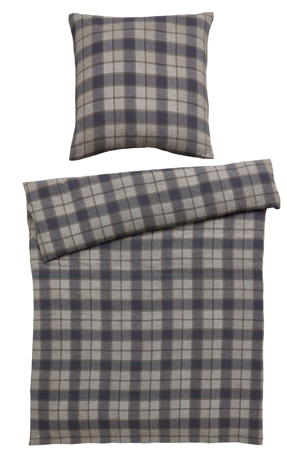 Linneweber Bettwäsche BRAGA Bettwäsche-Set mit kariertem Muster in Blau und Grau, bestehend aus einem Kissenbezug und einem Bettdeckenbezug, aus der Vogelperspektive fotografiert.