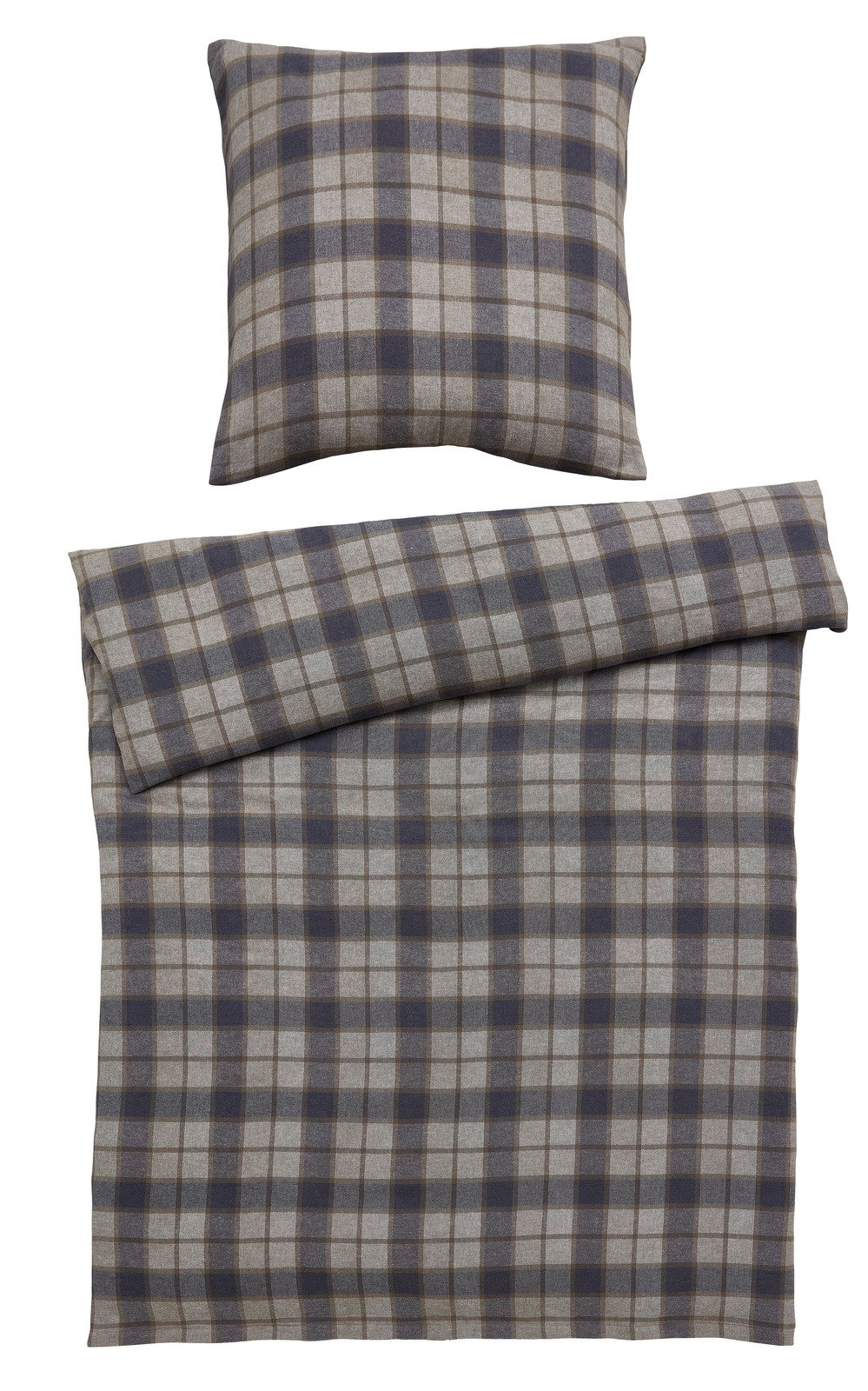 Bettwäsche-Set mit kariertem Muster in Blau und Grau, bestehend aus einem Kissenbezug und einem Bettdeckenbezug, aus der Vogelperspektive fotografiert.