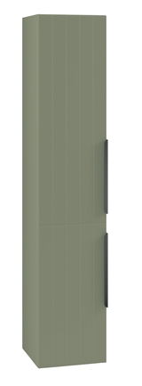 Grüner Hochschrank mit zwei Türen und schwarzen Griffen, seitliche Perspektive