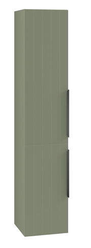 Grüner Hochschrank mit zwei Türen und schwarzen Griffen, seitliche Perspektive