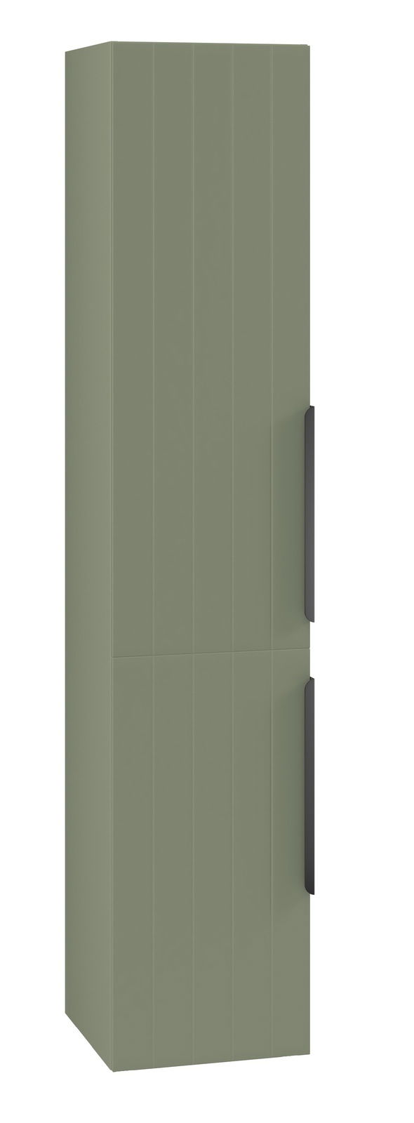 Grüner Hochschrank mit zwei Türen und schwarzen Griffen, seitliche Perspektive