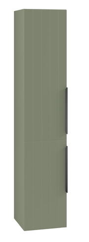 Grüner Hochschrank mit zwei Türen und schwarzen Griffen, seitliche Perspektive