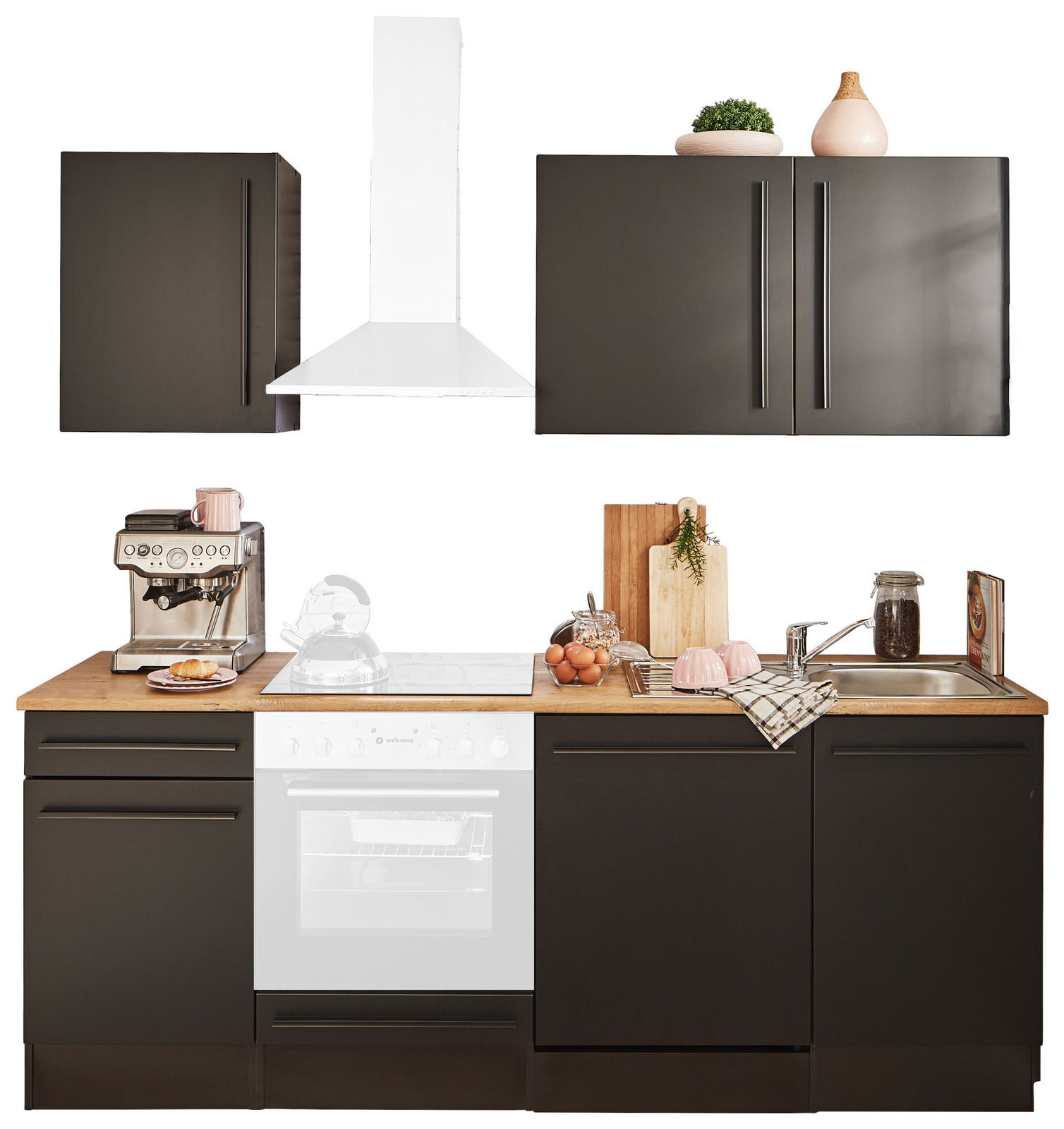 Yourkitchen Küchenblock 220 OHNE E-Geräte JAZZ Moderner Küchenblock in dunklem Design mit Holzarbeitsplatte, ohne Elektrogeräte, aus der Frontalperspektive.