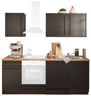 Moderner Küchenblock in dunklem Design mit Holzarbeitsplatte, ohne Elektrogeräte, aus der Frontalperspektive.