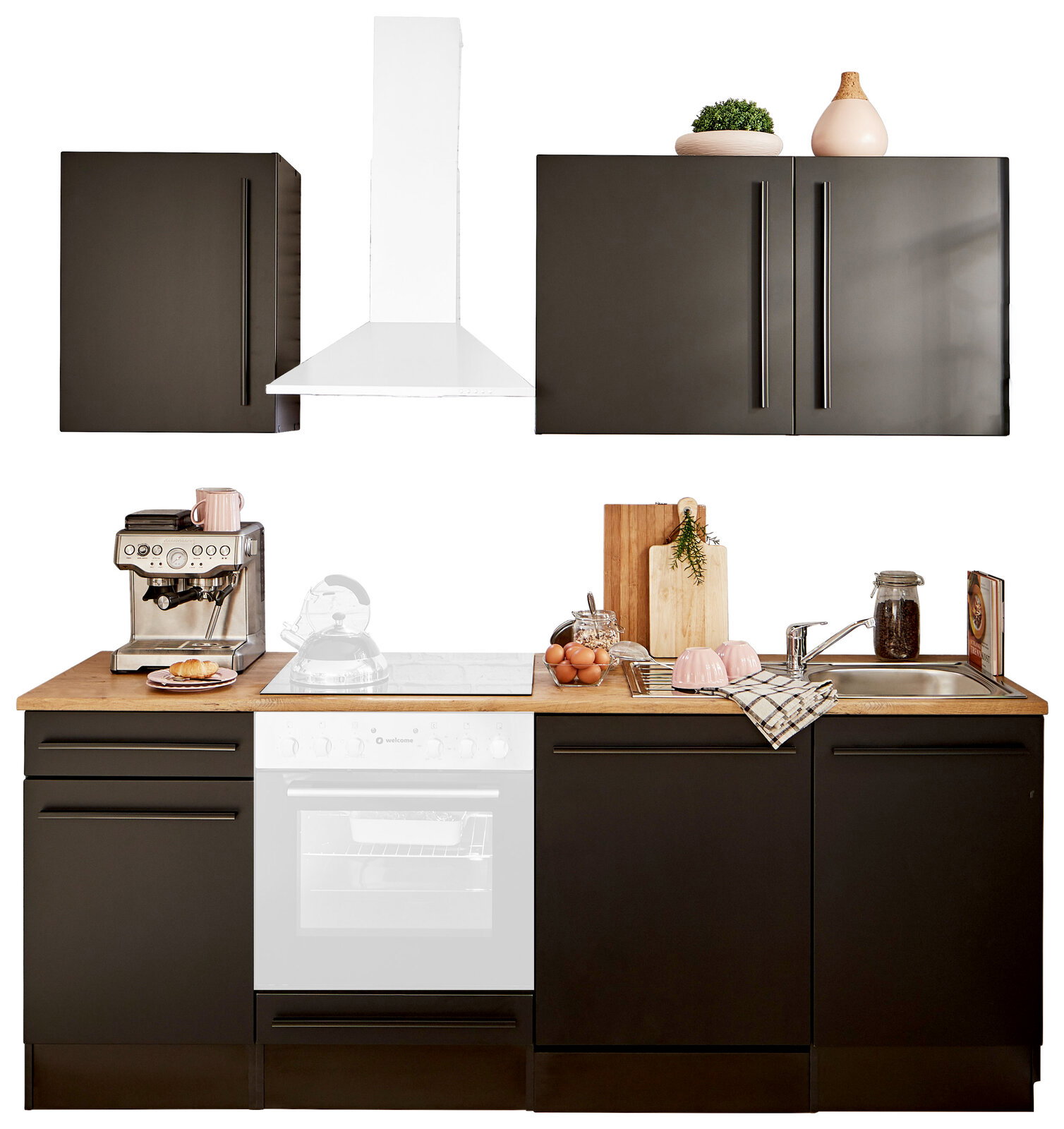 Yourkitchen Küchenblock 220 OHNE E-Geräte JAZZ Moderner Küchenblock in dunklem Design mit Holzarbeitsplatte, ohne Elektrogeräte, aus der Frontalperspektive.