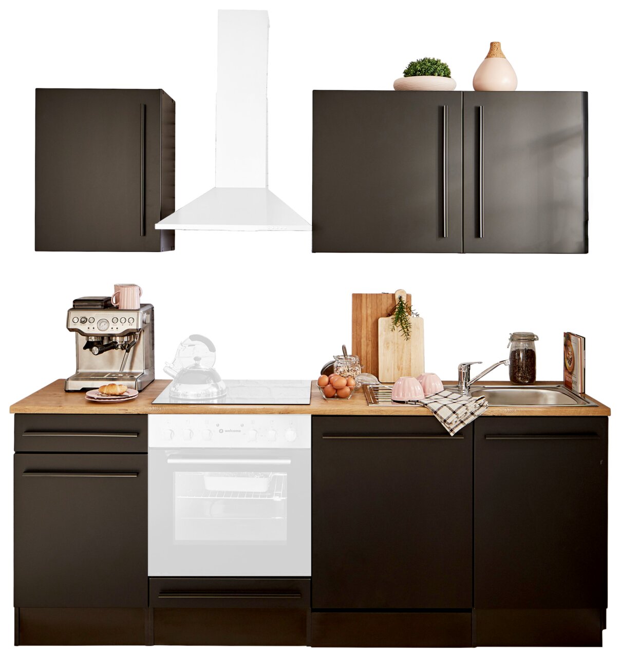 Yourkitchen Keukenblok 220 ZONDER elektrische apparaten JAZZ Modern keukenblok in een donkere uitvoering met houten werkblad, zonder elektrische apparaten, gezien vanuit het vooraanzicht.