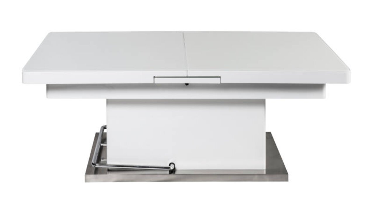 Moderner weißer Funktions-Couchtisch mit rechteckiger Form, seitliche Ansicht.